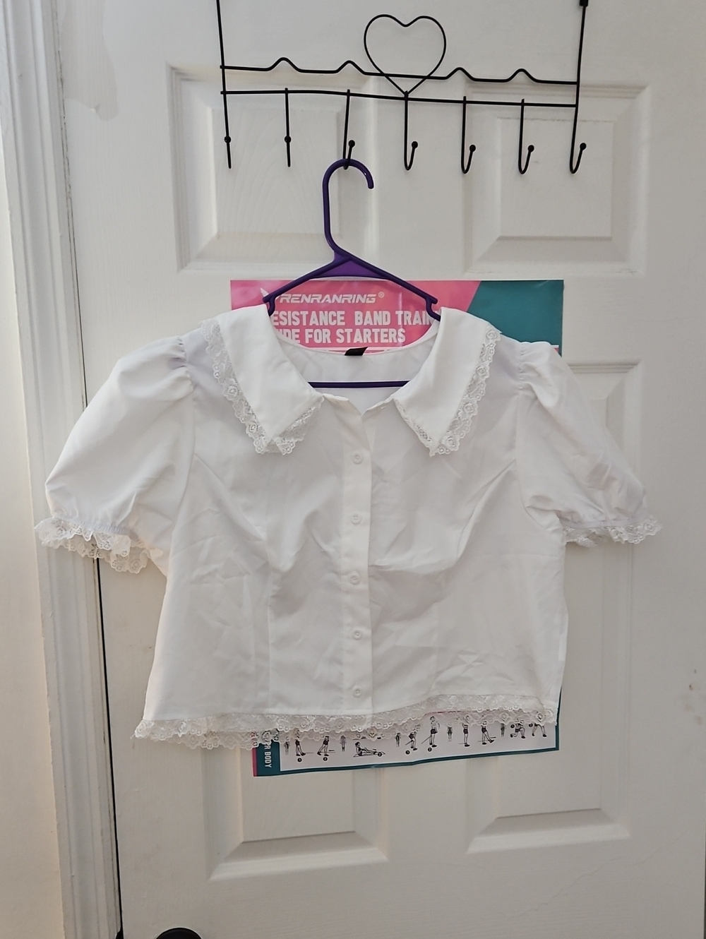 SHEIN White Lace-Trim Puff Sleeve Button Front Blouse